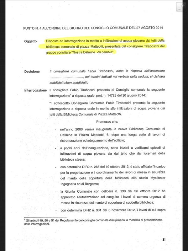 Punto 4: interrogazione di Nostra Dalmine sulle infiltrazioni di acqua dal tetto della biblioteca #opendalmine http://t.co/wVLj5Rw0CL